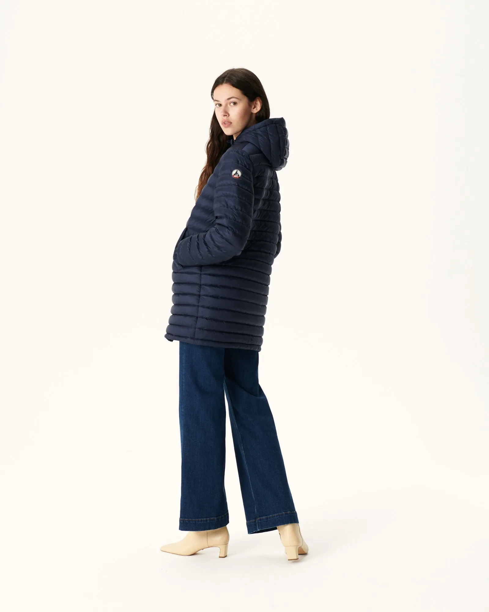 Navy Roma long reversible puffer jacket