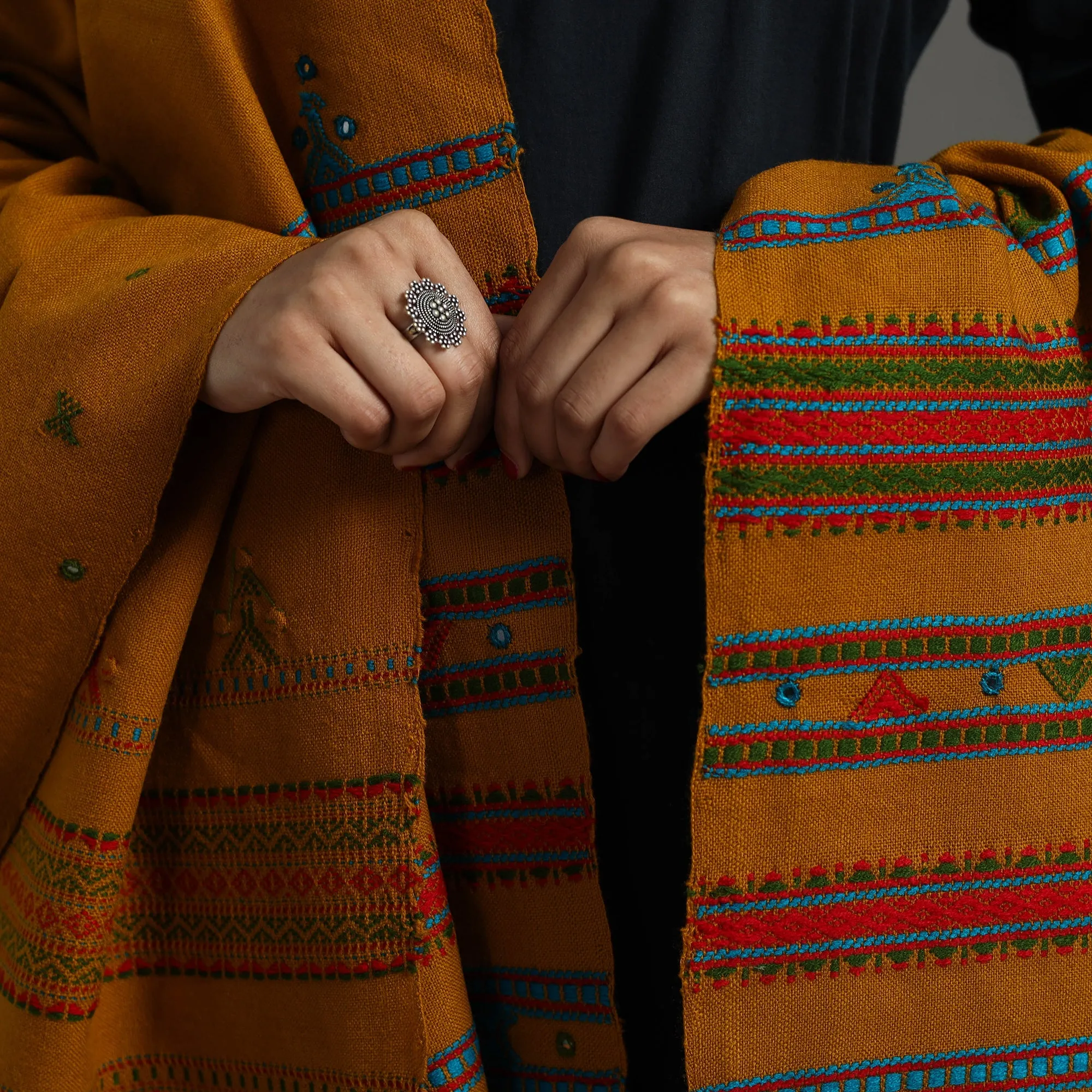 Orange - Kutch Handwoven Mirror Work Woollen Shawl 82