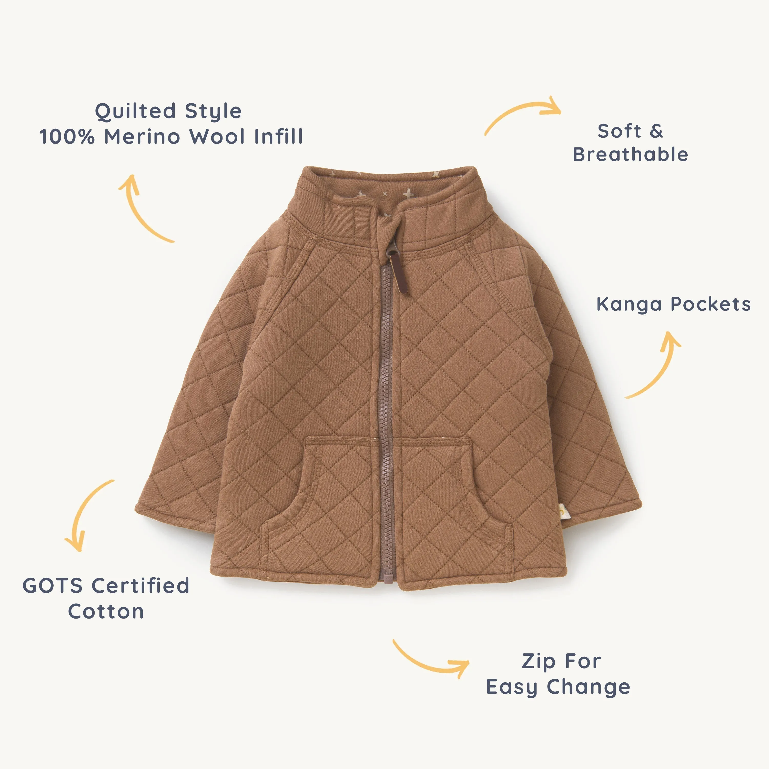 Organic Kids Merino Wool Zip Jacket - Cocoa