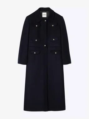 Patch-pocket button-down long wool-blend coat