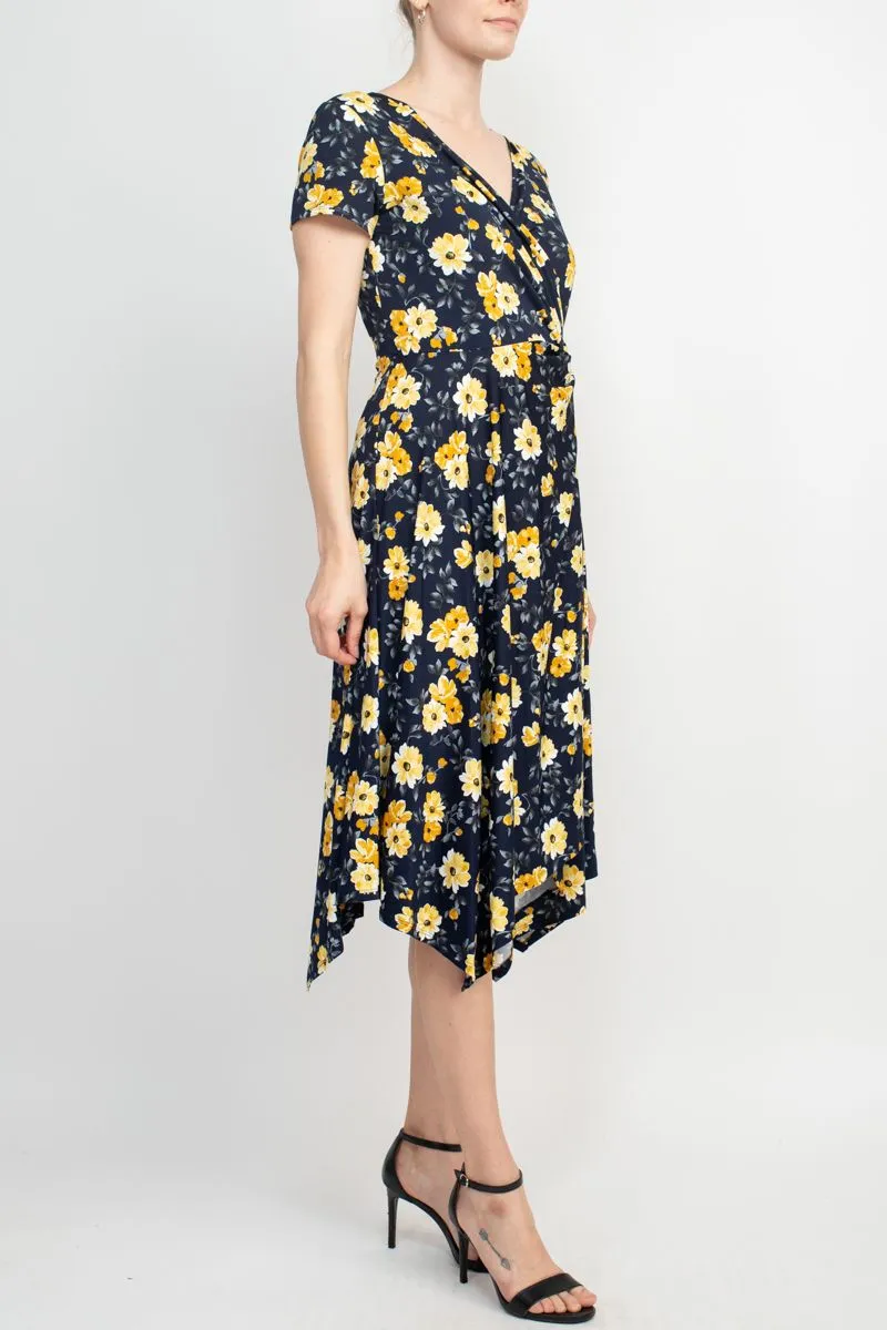 Perceptions V-Neck Short Sleeve Gathered Side Floral Print ITY Dress