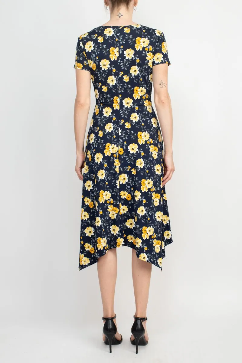 Perceptions V-Neck Short Sleeve Gathered Side Floral Print ITY Dress