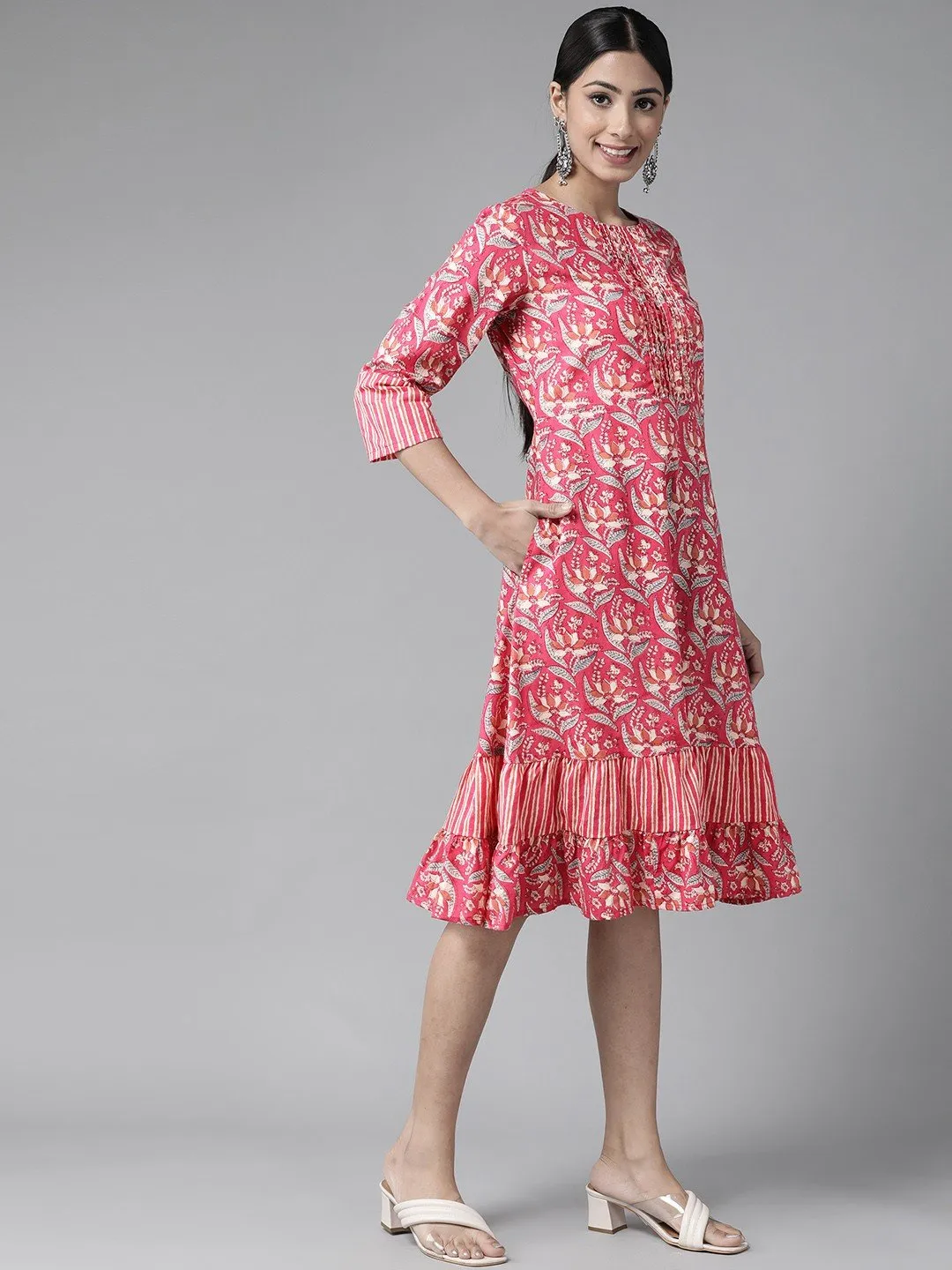 Pink & Off White Ethnic Motifs Sequin Detail Fit & Flare Dress