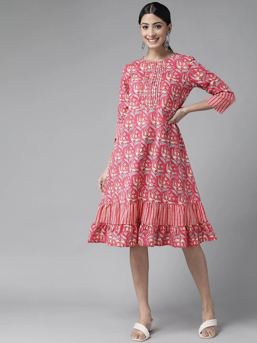 Pink & Off White Ethnic Motifs Sequin Detail Fit & Flare Dress