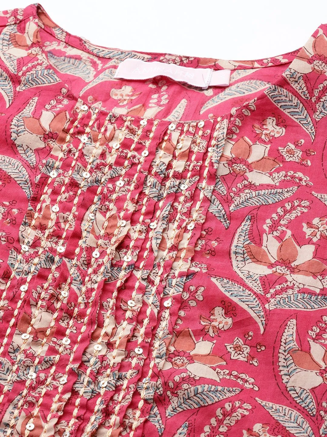 Pink & Off White Ethnic Motifs Sequin Detail Fit & Flare Dress