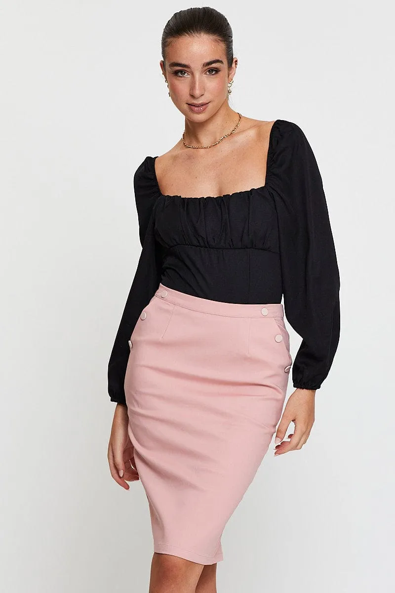 Pink High Rise Skirt Pencil Button Down