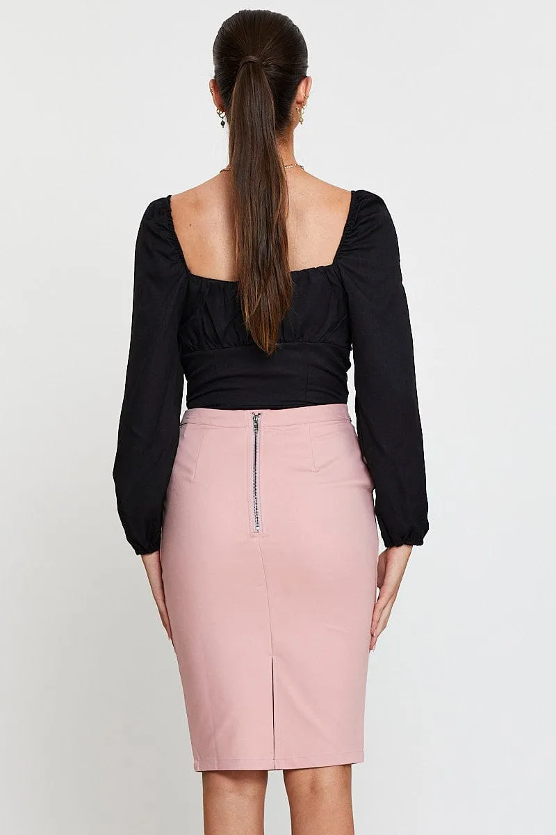 Pink High Rise Skirt Pencil Button Down