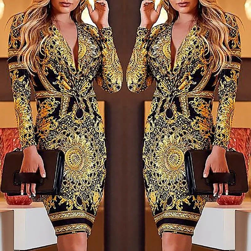 Plunge Neck Ethnic Print Bodycon Long Sleeve Mini Dress