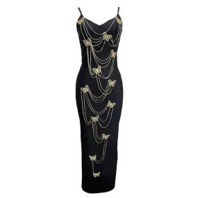 Pre Order:  Embroidered Butterfly Bead Chain Solid Midi Dress