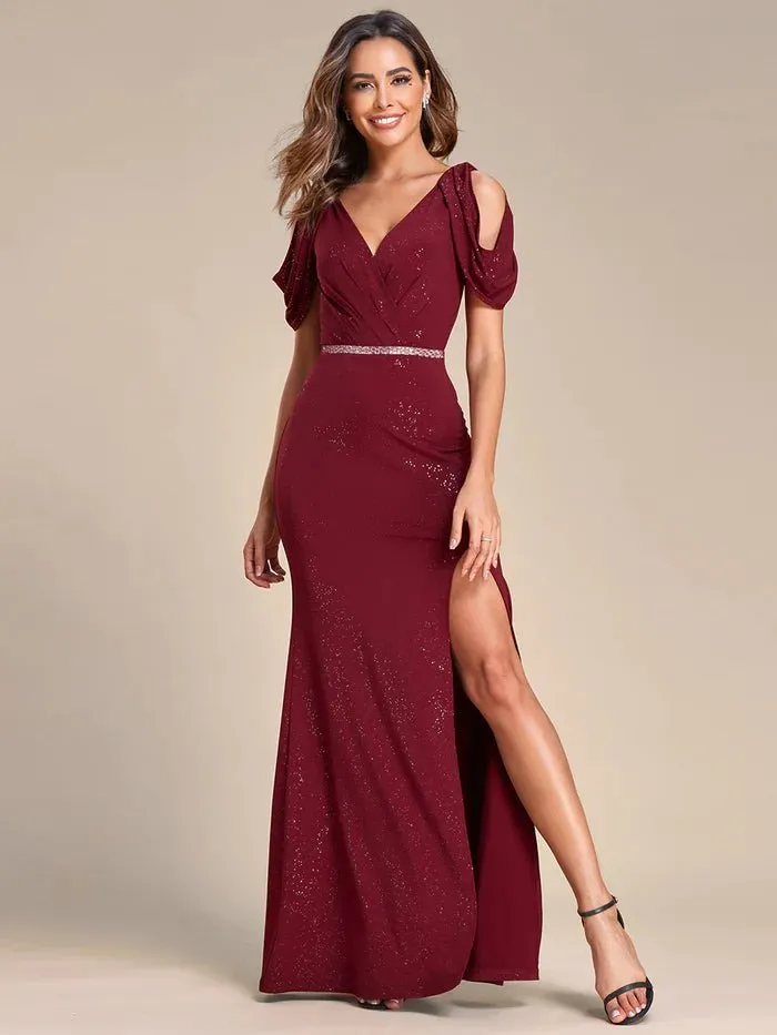 Puff Sleeve V-Neck Fishtail Bodycon Chain Split Shiny Bridesmaid Dress