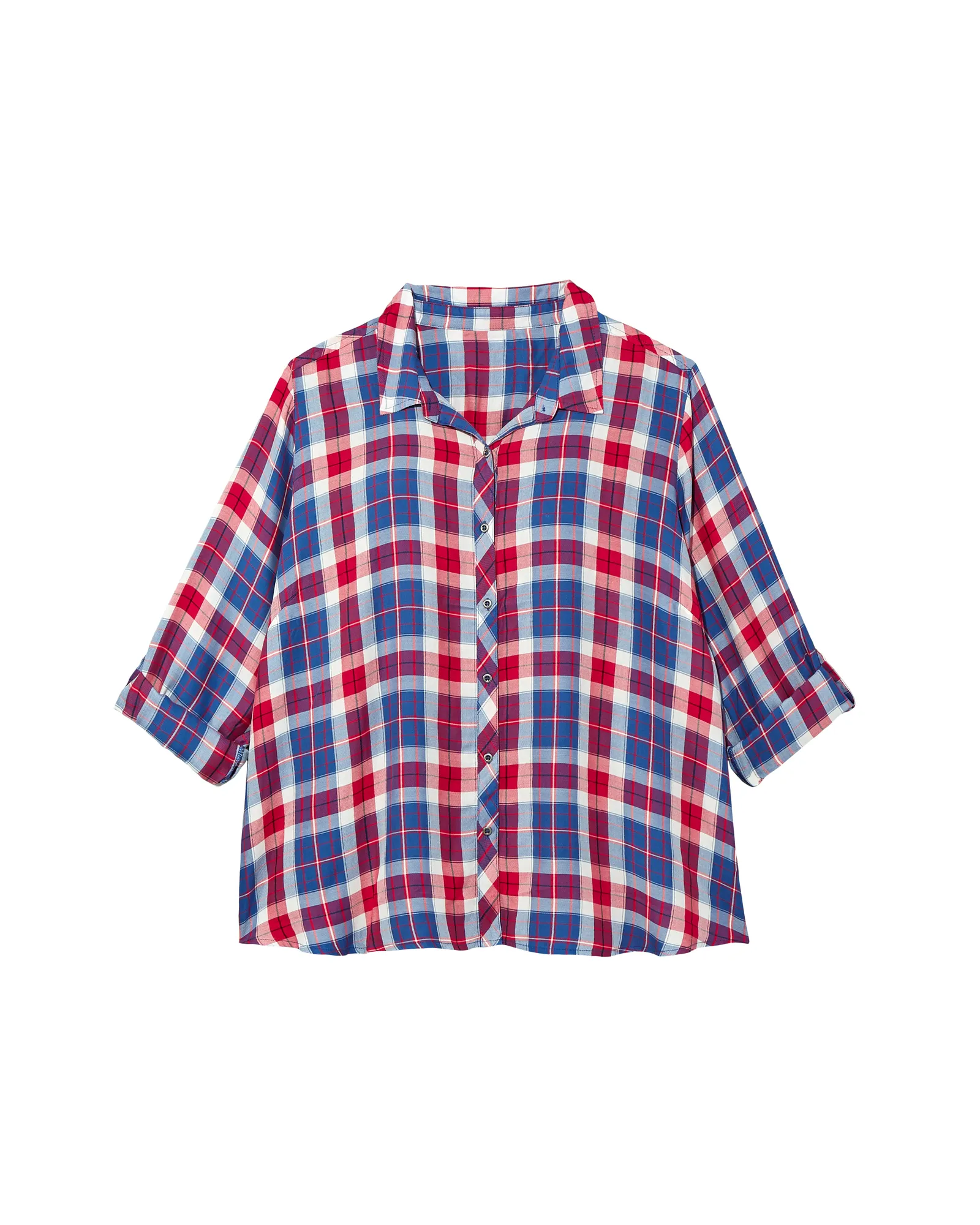 Rosaria 3/4 Sleeve Rolled Sleeve Button Back Button Down | Navy / Red