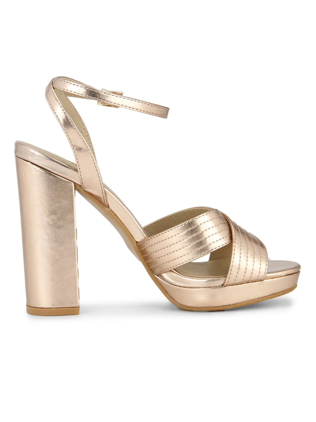 Rose Gold Pu Crossover Ankle Strap Block Heels