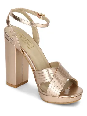 Rose Gold Pu Crossover Ankle Strap Block Heels