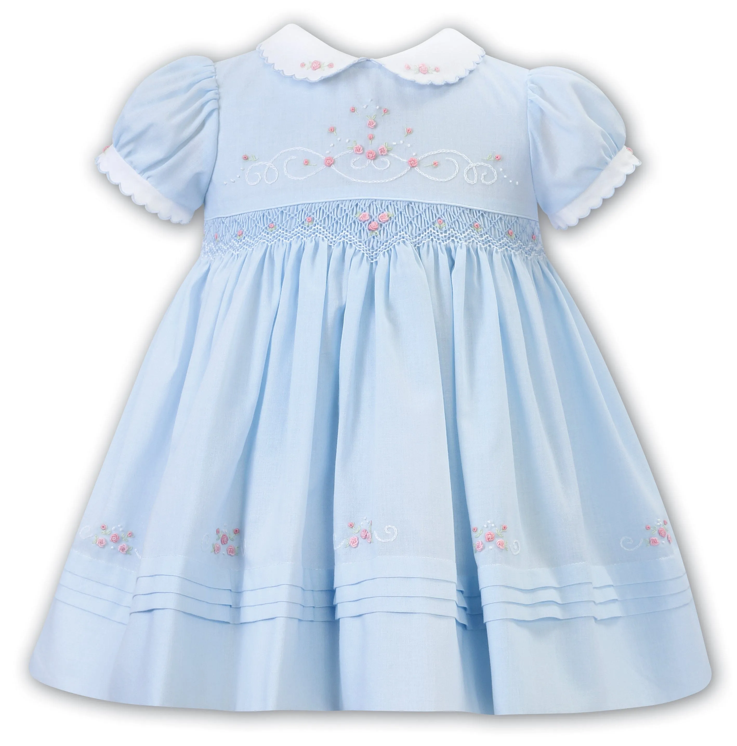 SARAH LOUISE -  Smocked Peter Pan Collar With Pink Flower Detail Dress - Blue