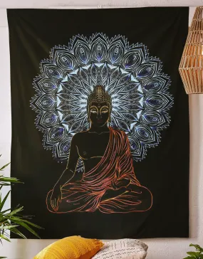 SheetKart Bohemian Buddha Meditation Tapestry | 100% Cotton Hand Screen Printed | Artistic Wall Hanging for Home Decor | Hand-Painted Blue and Red Accents | 53 x 81 inches | Proudly Made in India