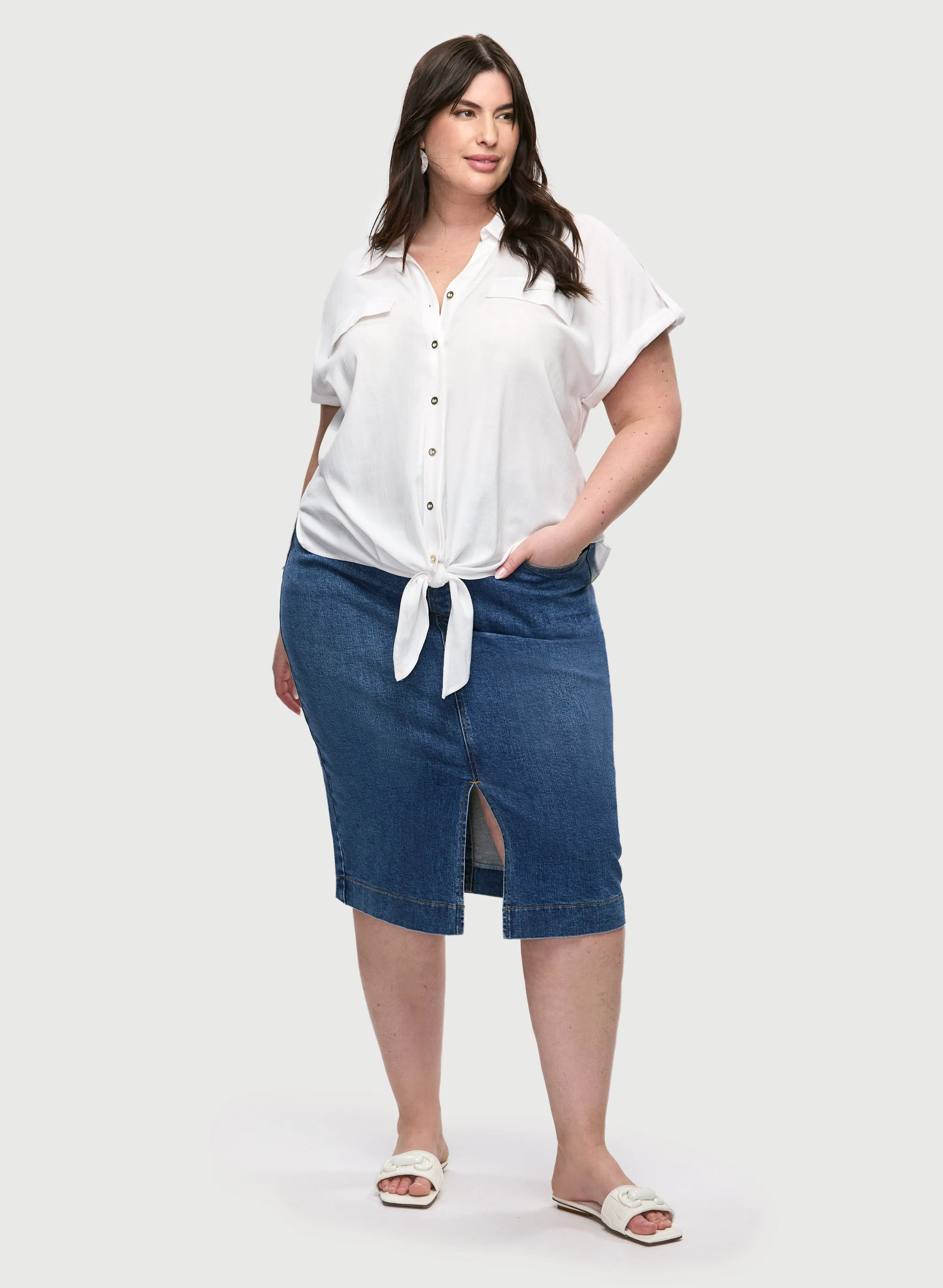 Short Sleeve Button Down Blouse & Denim Pencil Skirt