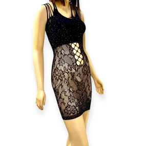 Sparkling Black Cut Out Fitted Fishnet Mini Dress