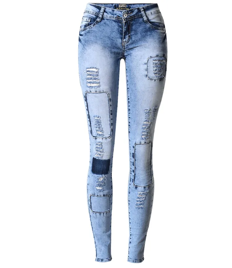 Summer Style Low Waist Sky Blue Patchwork Skinny Tights Women Pencil Jeans High Stretch Sexy Push Up Denim Women Fashion Jeans