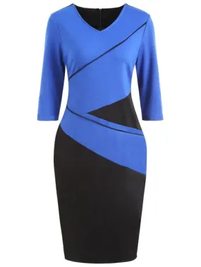 Sweet Block V Neck Pencil Dress