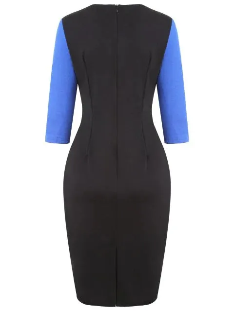 Sweet Block V Neck Pencil Dress