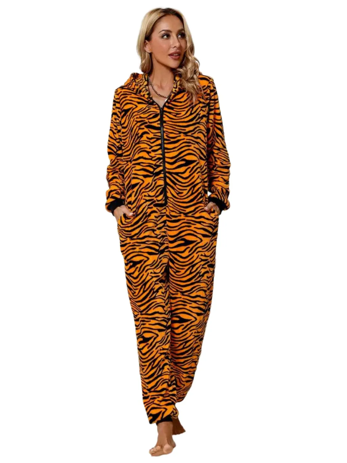 TEEK - Zebra Print Hooded Zip Front Lounge Jumpsuit with Pockets