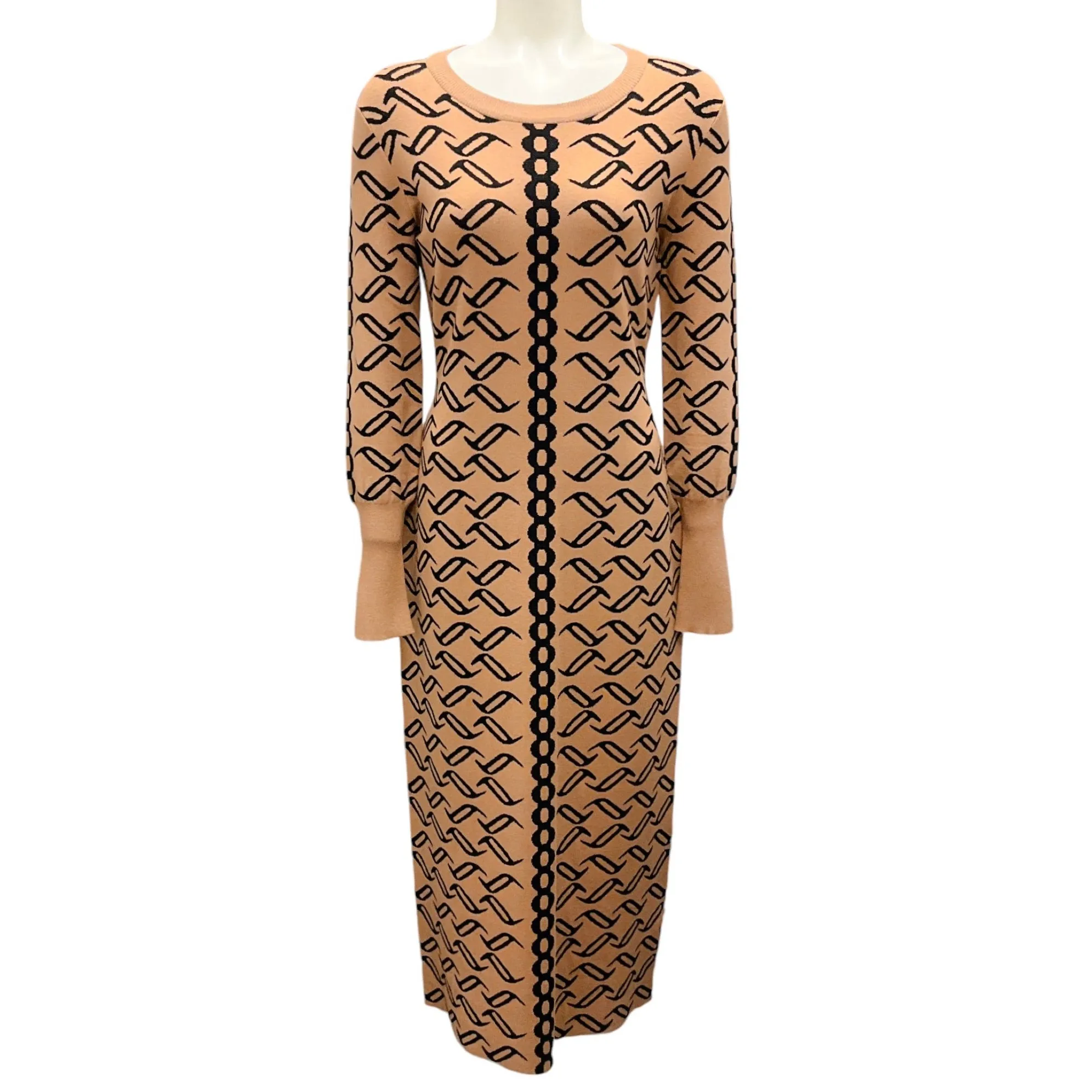 Temperley London Tan / Black Printed Long Sleeved Knit Midi Dress