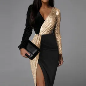 Two Tone Black Gold Ethnic High Waist Solid Color Dress