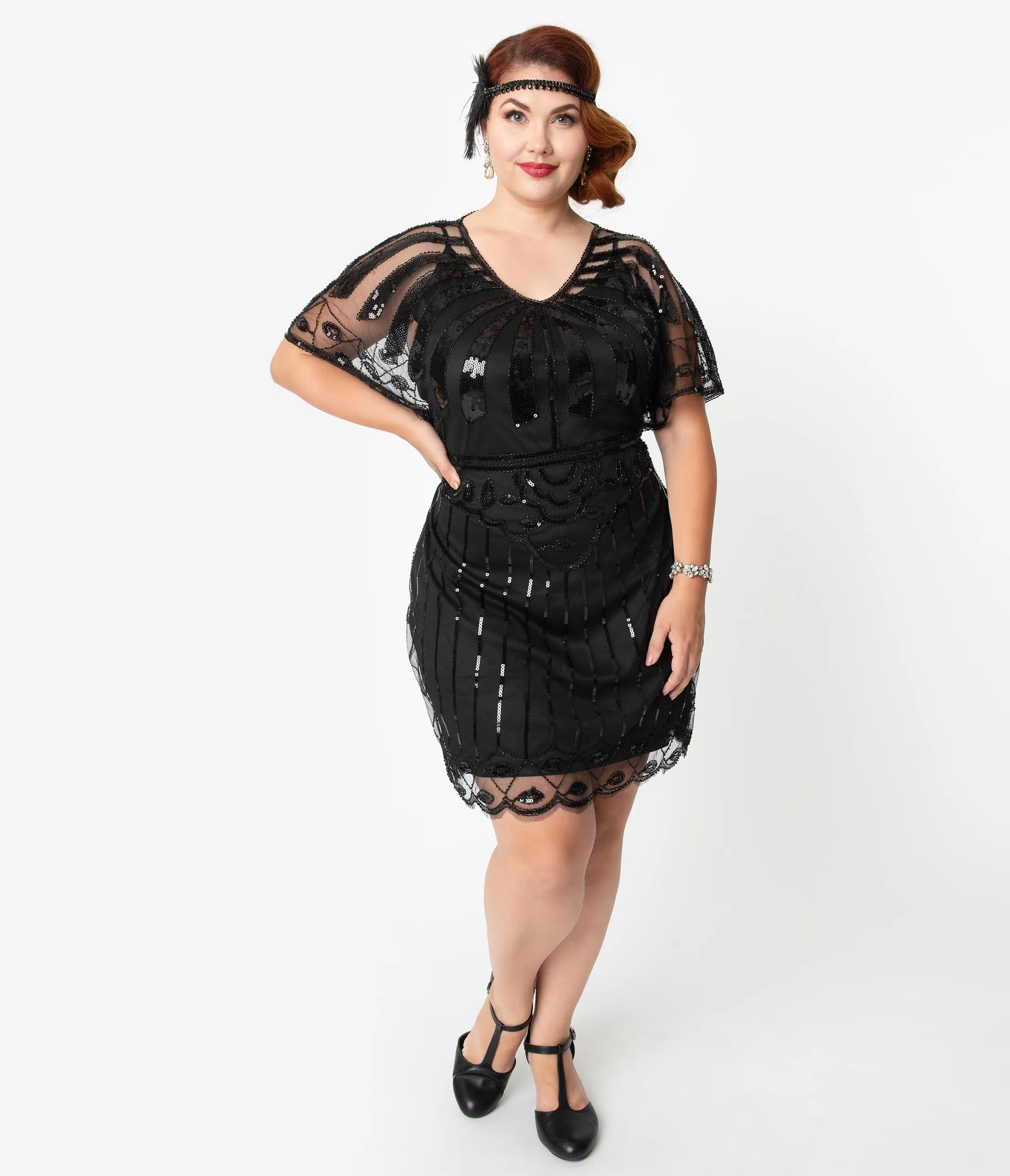 Unique Vintage Plus Size Black Beaded Angel Sleeve Oxsana Flapper Dress