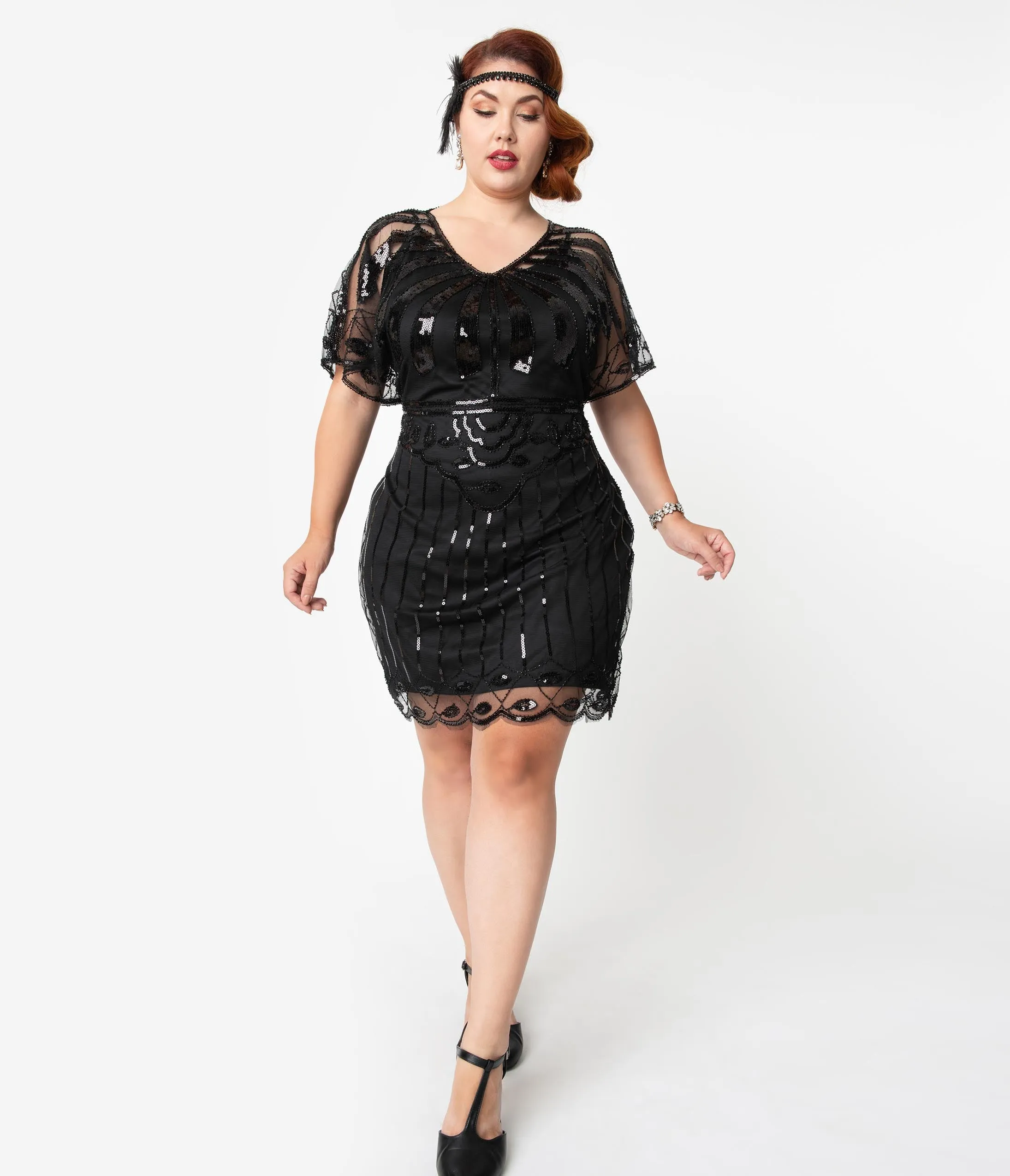 Unique Vintage Plus Size Black Beaded Angel Sleeve Oxsana Flapper Dress