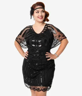 Unique Vintage Plus Size Black Beaded Angel Sleeve Oxsana Flapper Dress