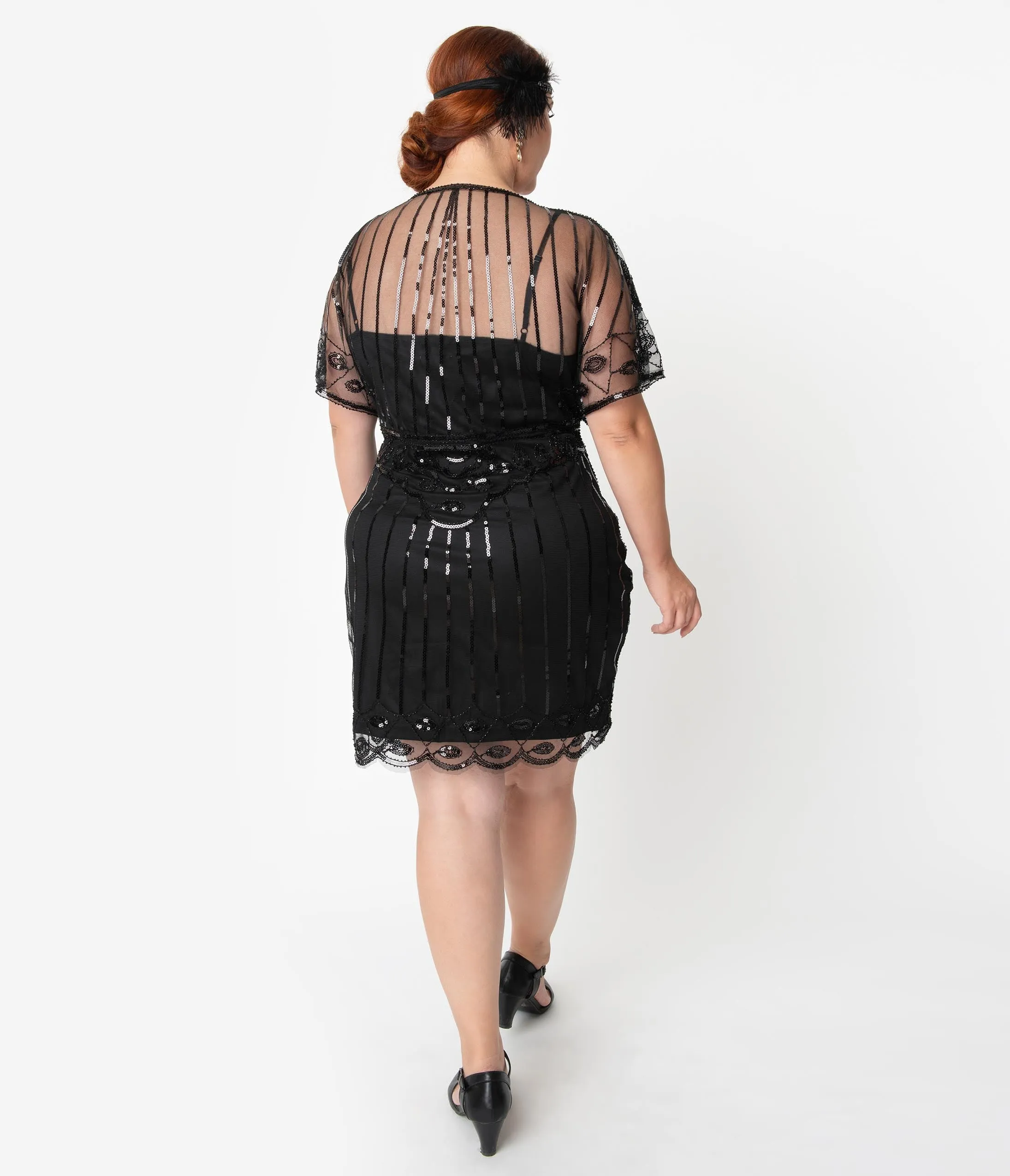 Unique Vintage Plus Size Black Beaded Angel Sleeve Oxsana Flapper Dress