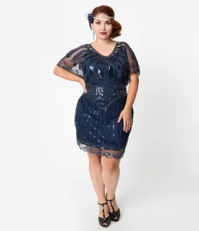 Unique Vintage Plus Size Navy Blue Beaded Angel Sleeve Oxsana Flapper Dress