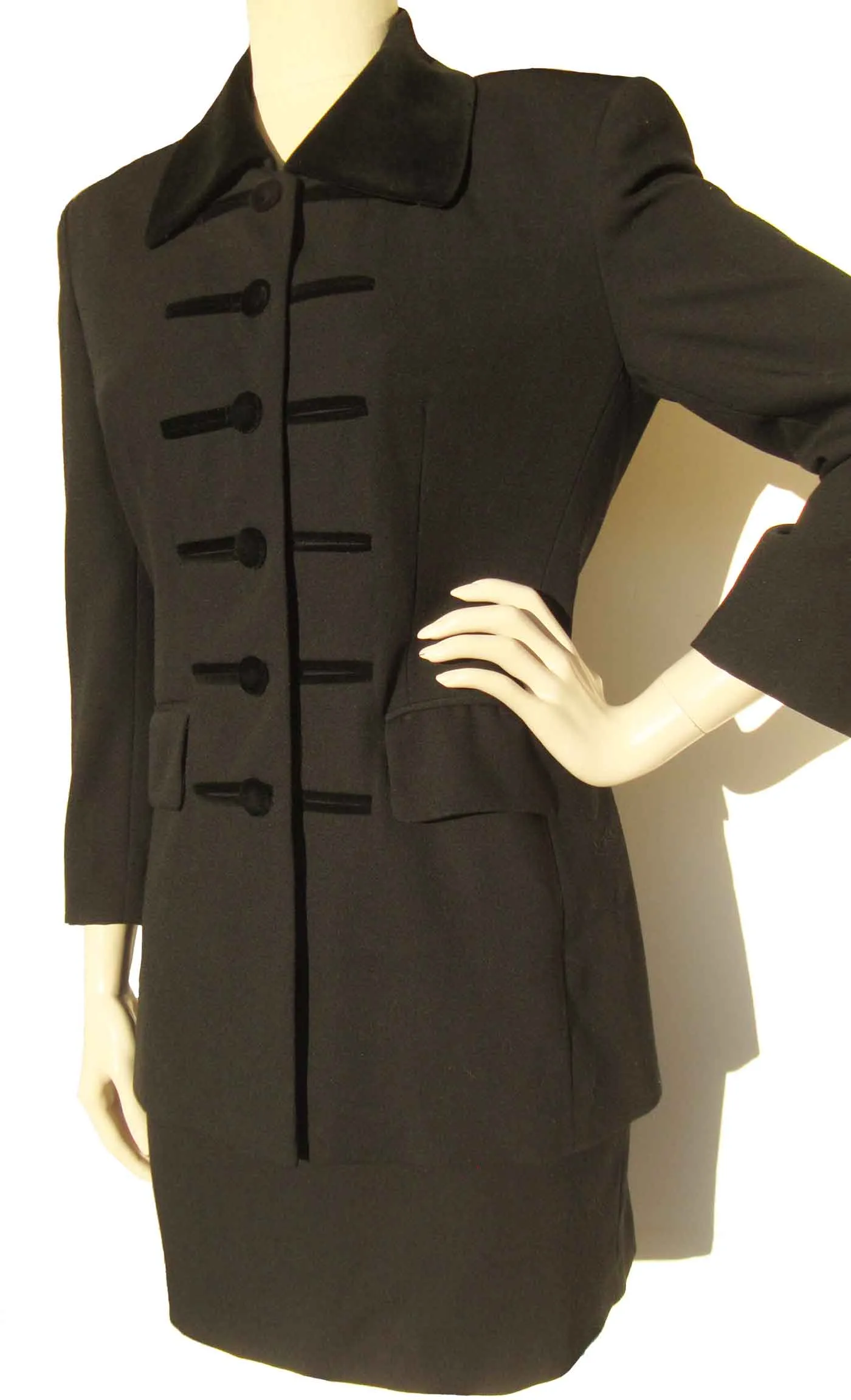 Vintage 90s Stephanie Anais Black Wool Skirt Suit Napoleon Style S