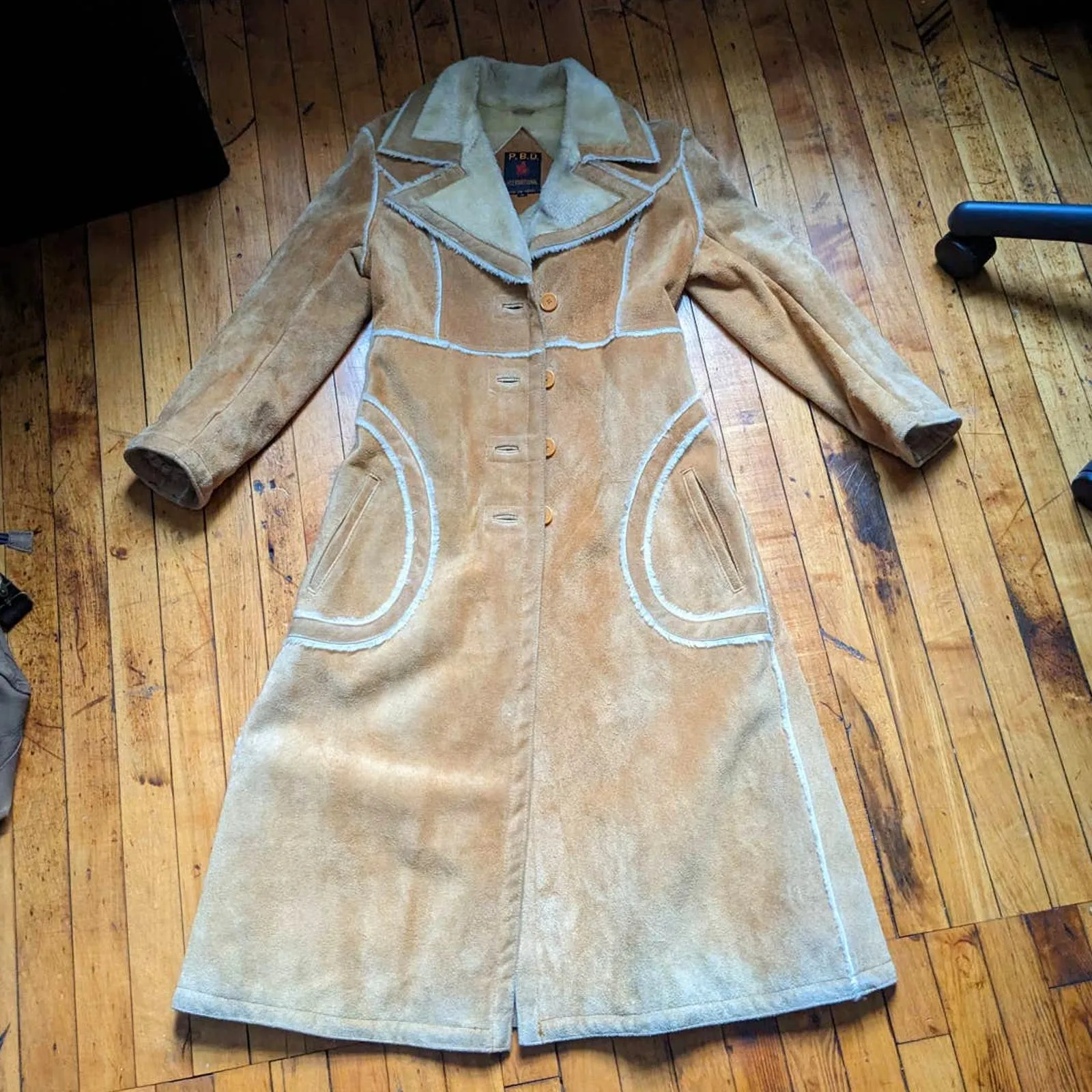 Vintage Genuine Suede Leather Penny Lane Duster Groovy Furry Trench Coat Jacket