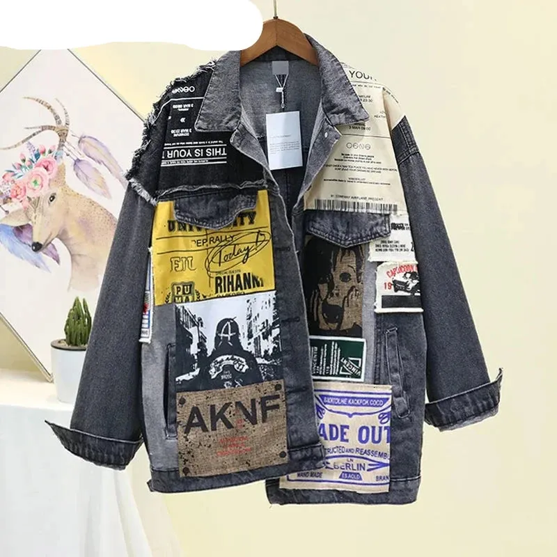 Vintage Patchwork Denim Jacket - Trendy Graphic Design