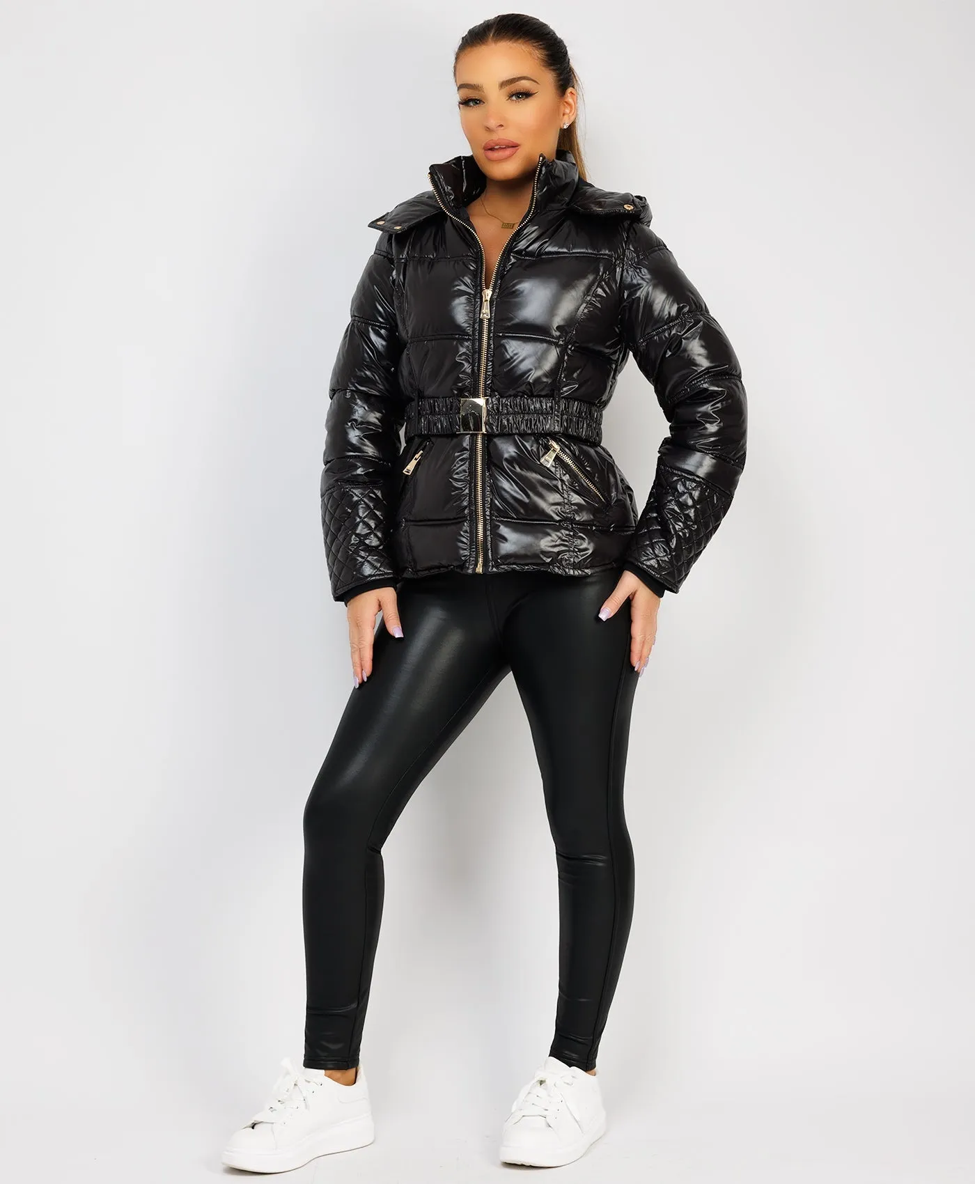 Wet Look Shiny Puffer Jacket with Belt and Hood