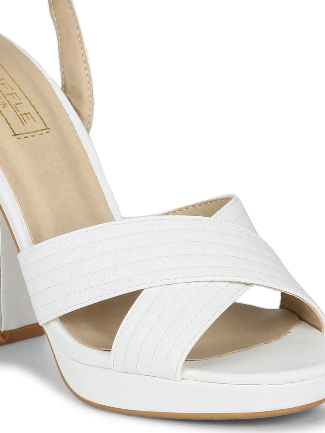 White PU Crossover Ankle Strap Block Heels