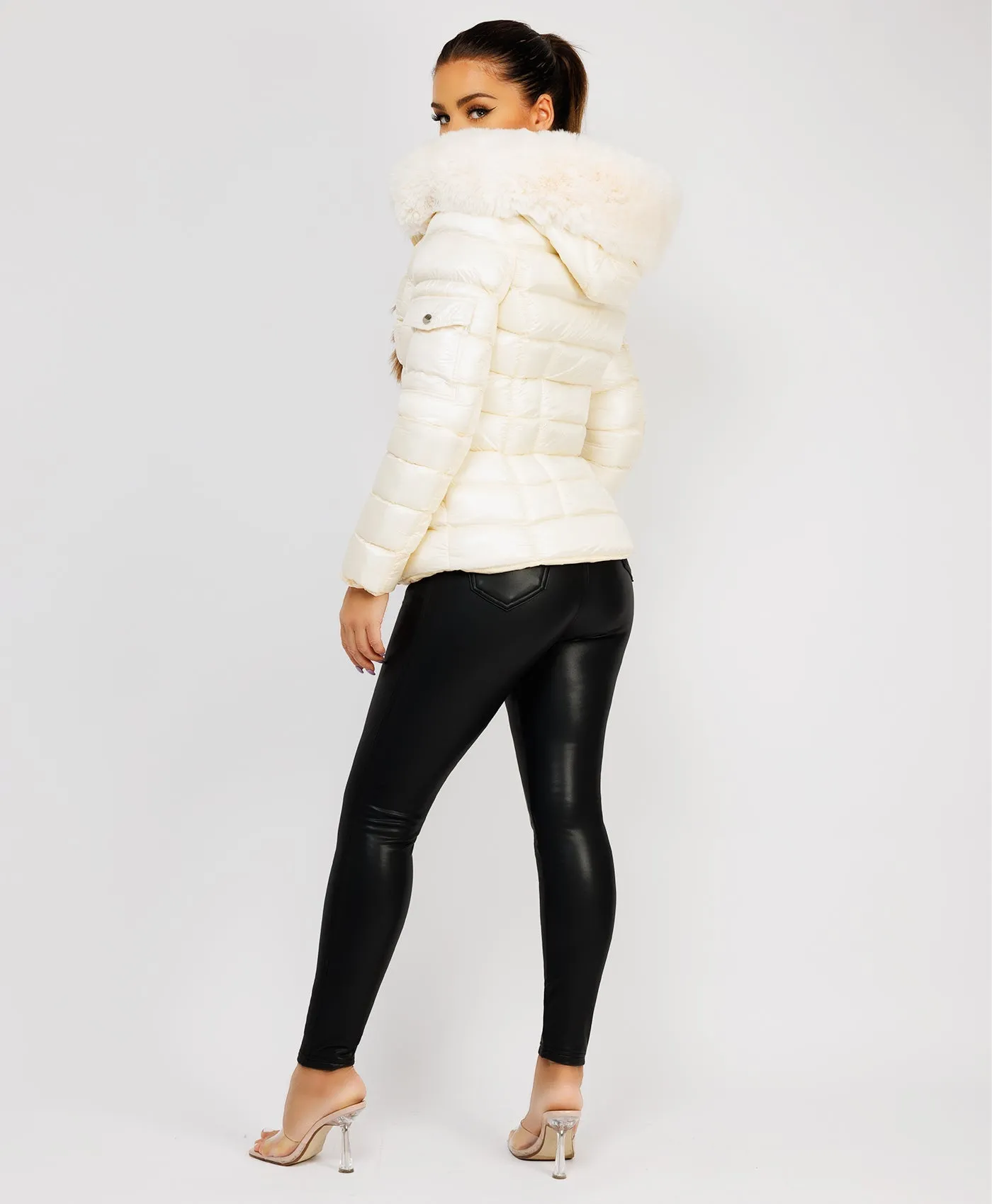 White Wet Look Shiny Puffer Jacket with Faux Fur Hood