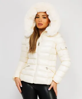 White Wet Look Shiny Puffer Jacket with Faux Fur Hood