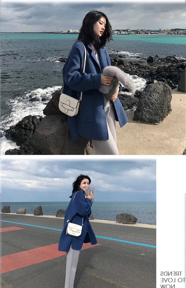 Wjczt 2022 Autumn Winter New Women Loose Woolen Coat Korean Lady Graceful Blue Pocket Button Long Windbreaker Student Causal Outerwear