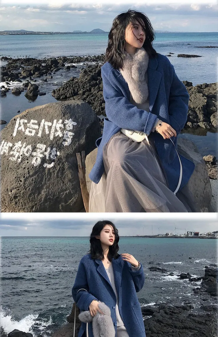 Wjczt 2022 Autumn Winter New Women Loose Woolen Coat Korean Lady Graceful Blue Pocket Button Long Windbreaker Student Causal Outerwear