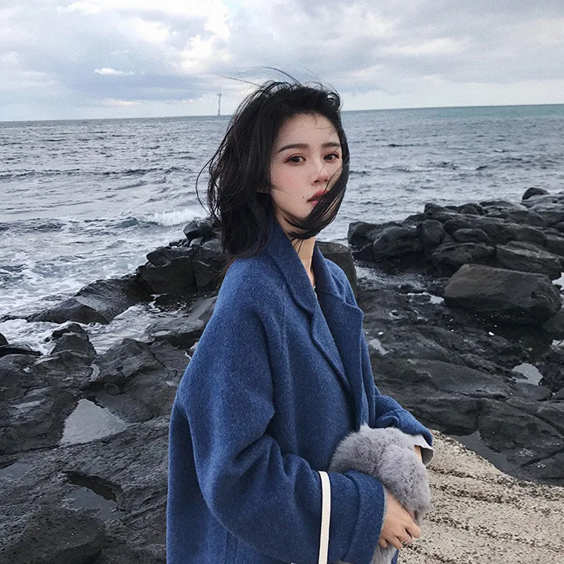 Wjczt 2022 Autumn Winter New Women Loose Woolen Coat Korean Lady Graceful Blue Pocket Button Long Windbreaker Student Causal Outerwear