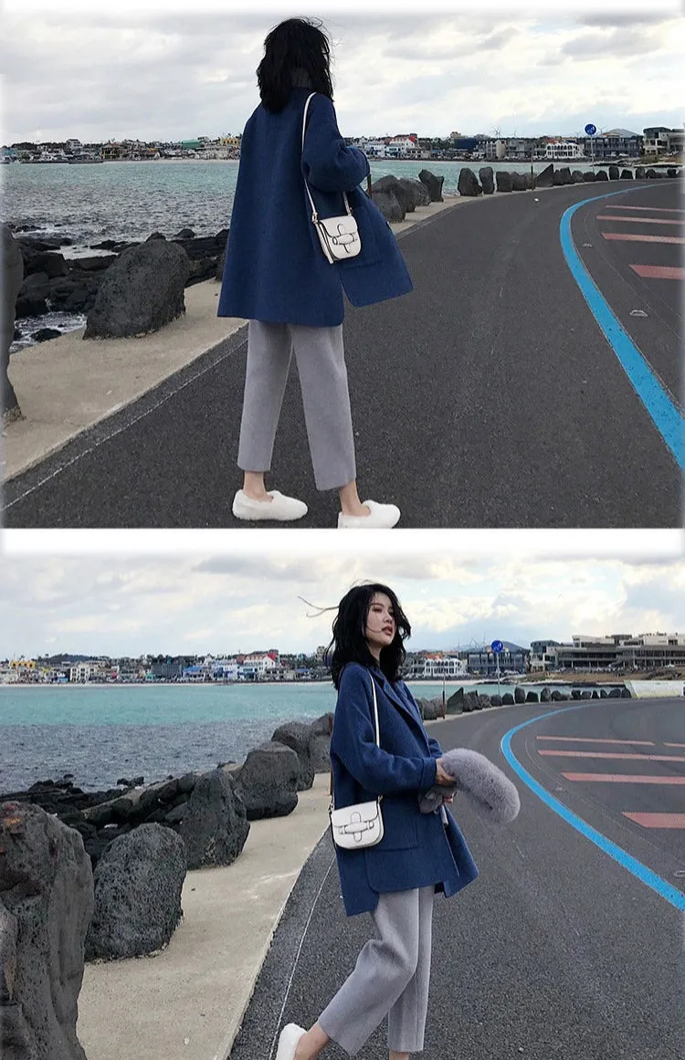 Wjczt 2022 Autumn Winter New Women Loose Woolen Coat Korean Lady Graceful Blue Pocket Button Long Windbreaker Student Causal Outerwear