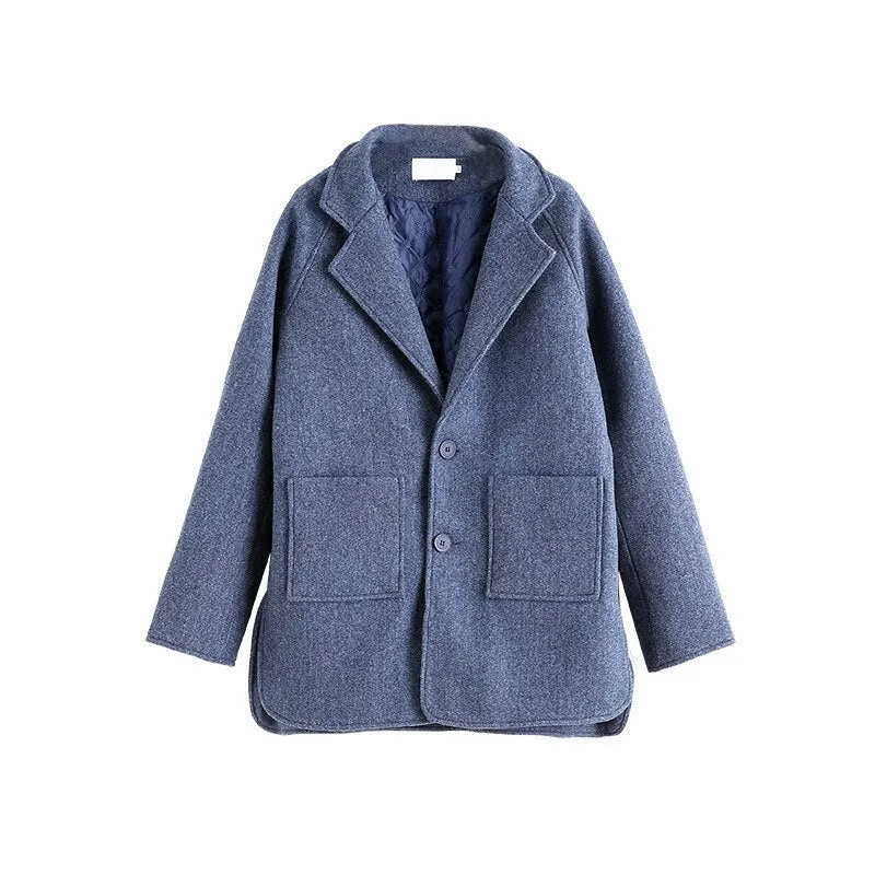 Wjczt 2022 Autumn Winter New Women Loose Woolen Coat Korean Lady Graceful Blue Pocket Button Long Windbreaker Student Causal Outerwear