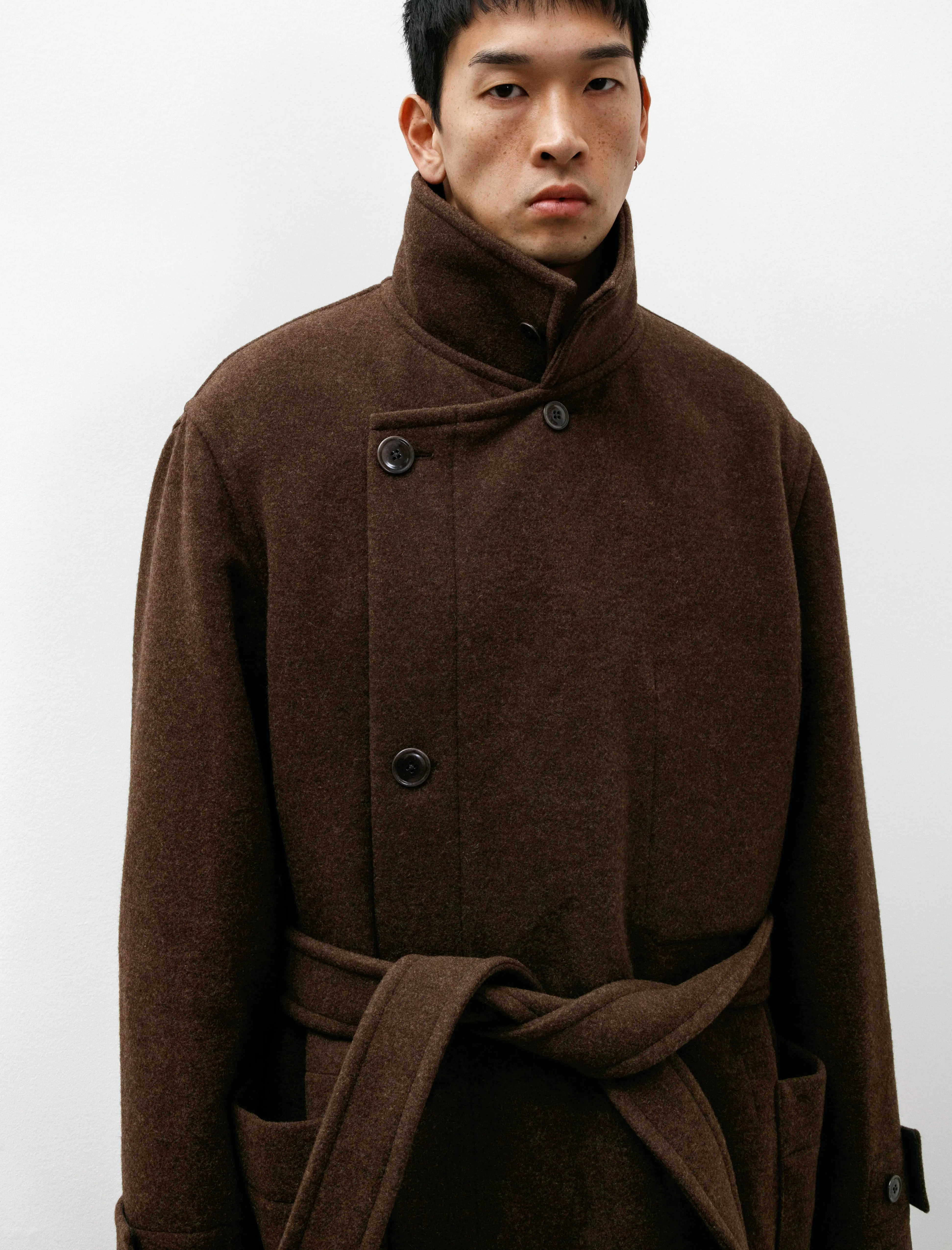 Wrap Coat with Contrast Stitch Brown