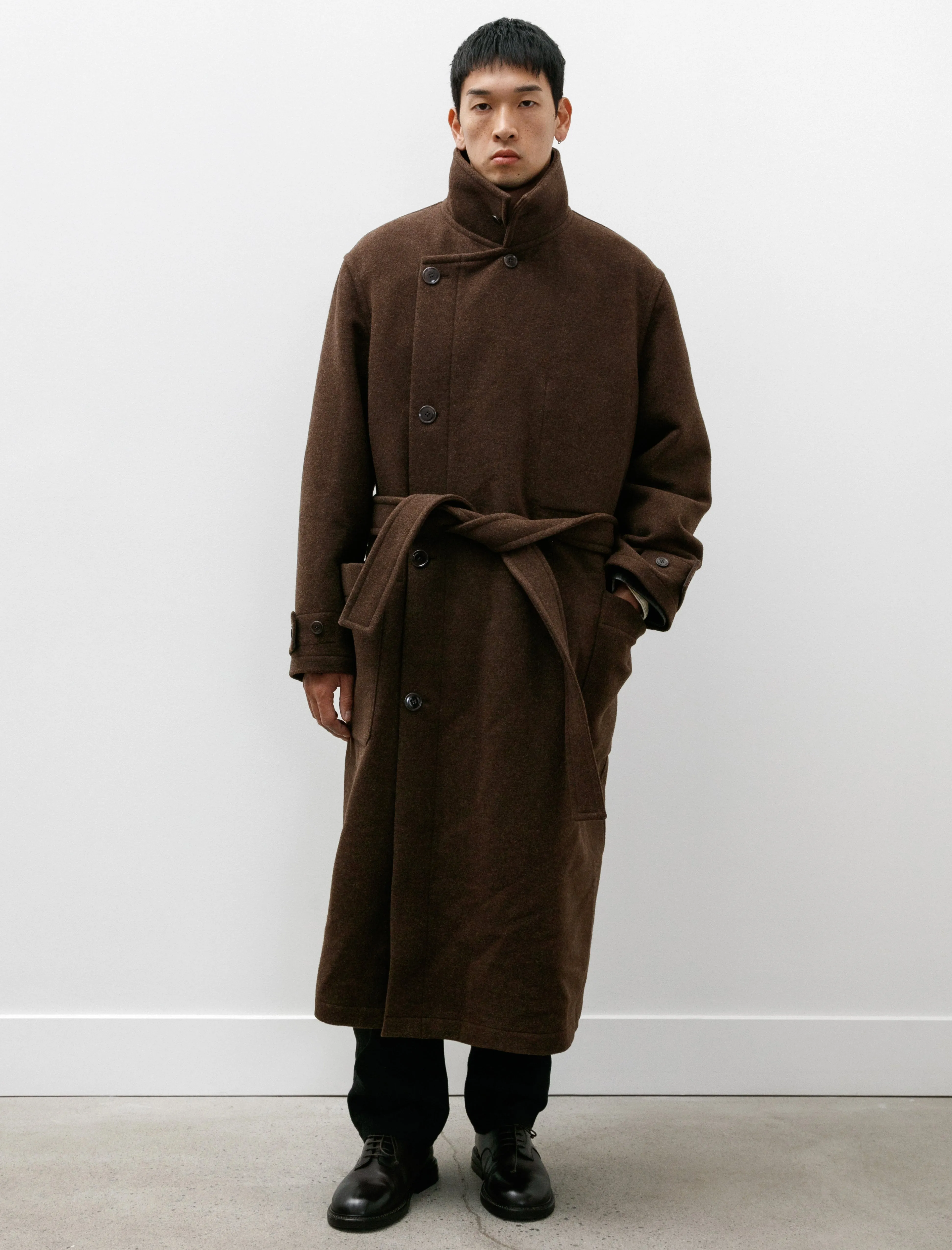 Wrap Coat with Contrast Stitch Brown